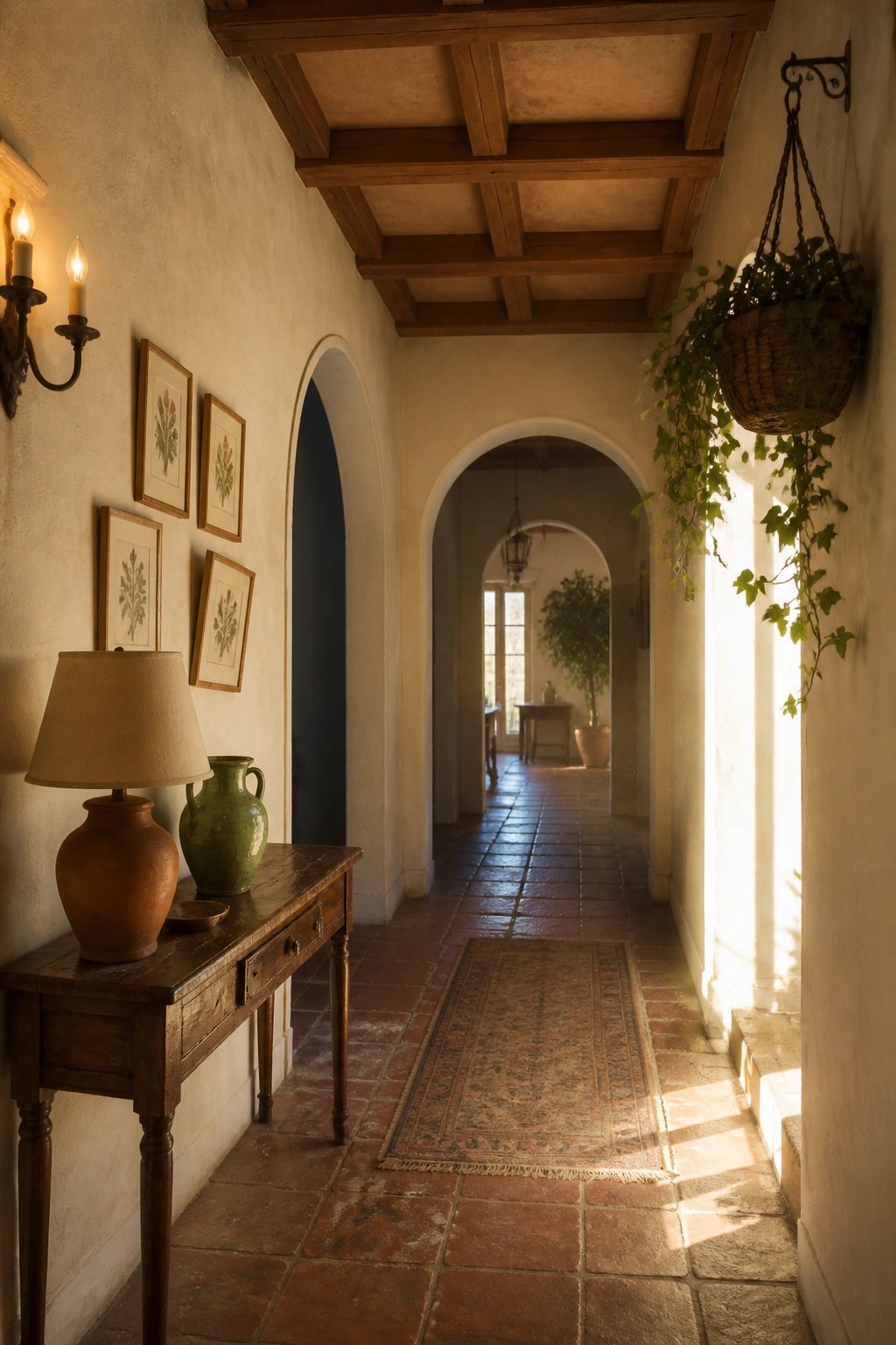 Rustic hallway with terracotta tiles, wooden console, arched doorways, and hanging plants.