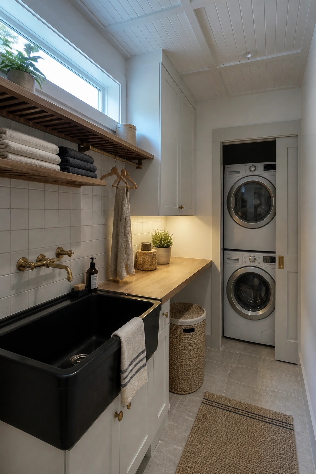 A narrow laundry room with white wood plank ceiling, white cabinets, black farmhouse sink, wooden open shelves, and stacked front-loading washer and dryer.