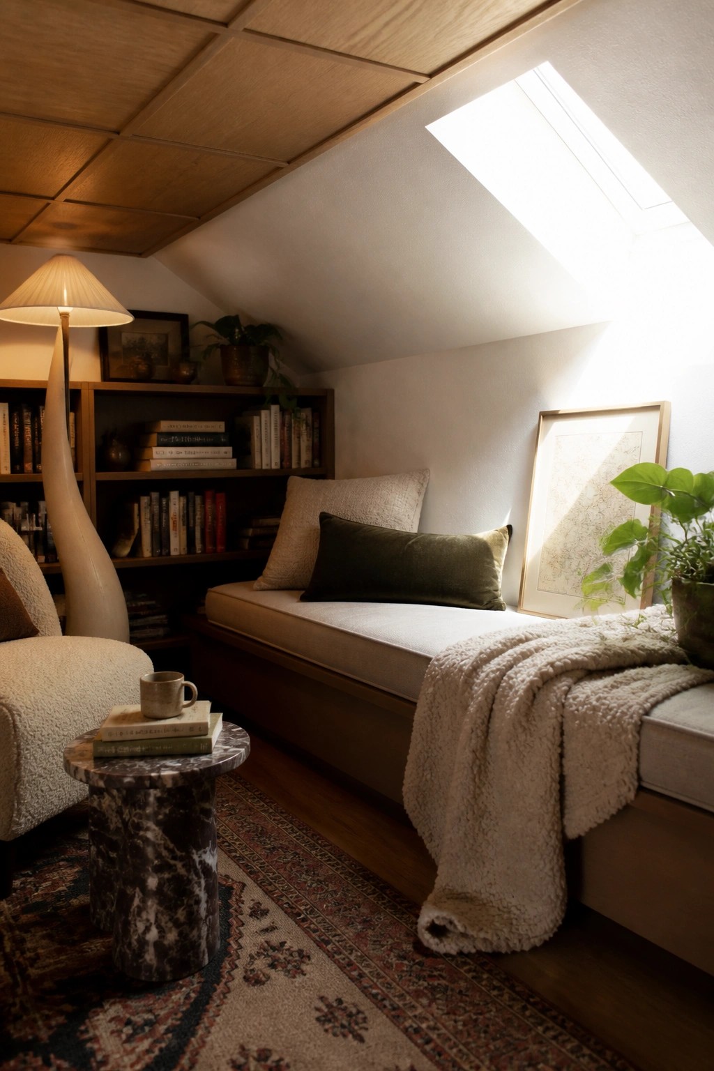 An attic room with wood paneled ceiling in a grid pattern, built-in daybed, bookshelves, skylight, and rug on the floor.
