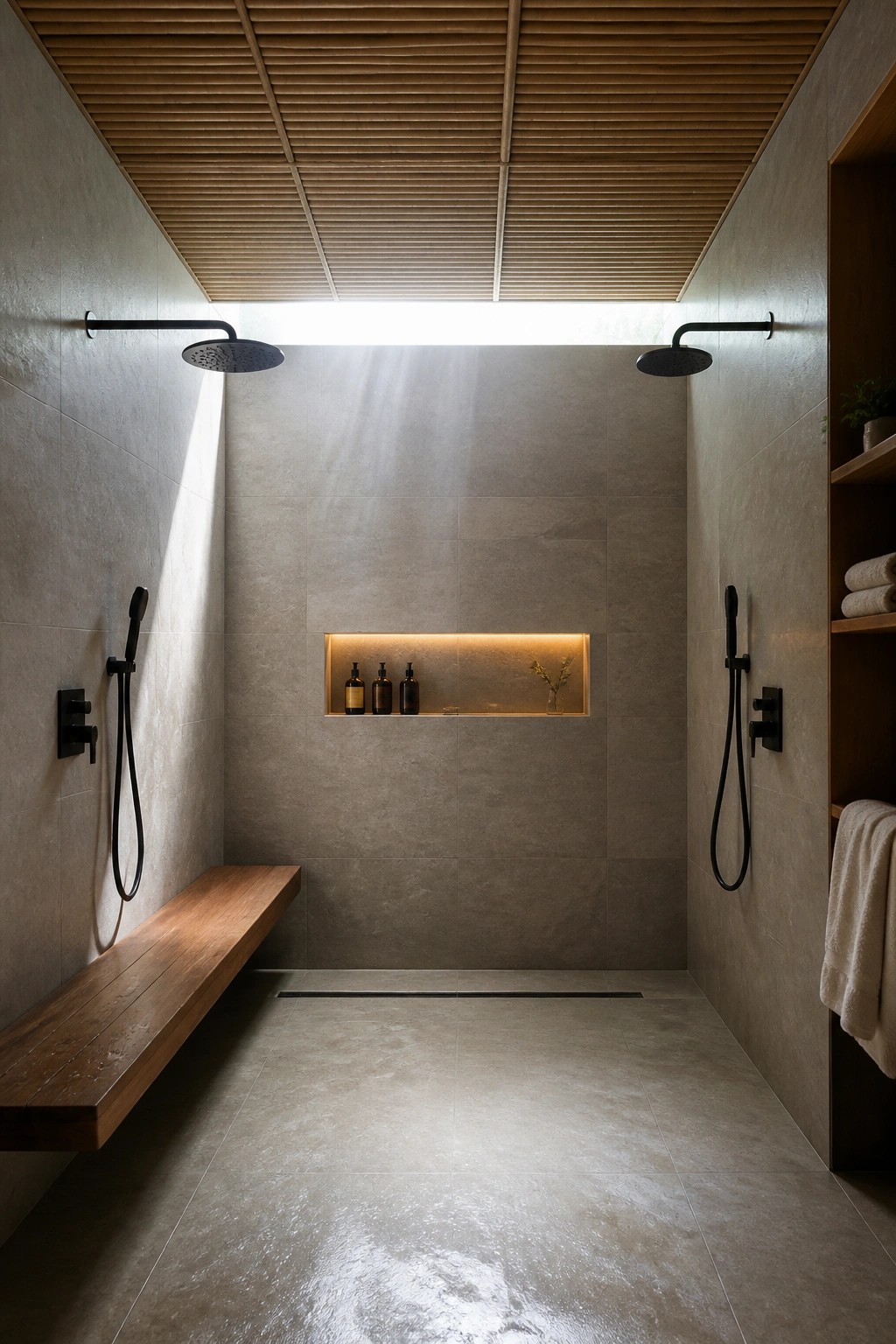 Modern minimalist shower with dual black rain heads, wooden bench, illuminated niche
