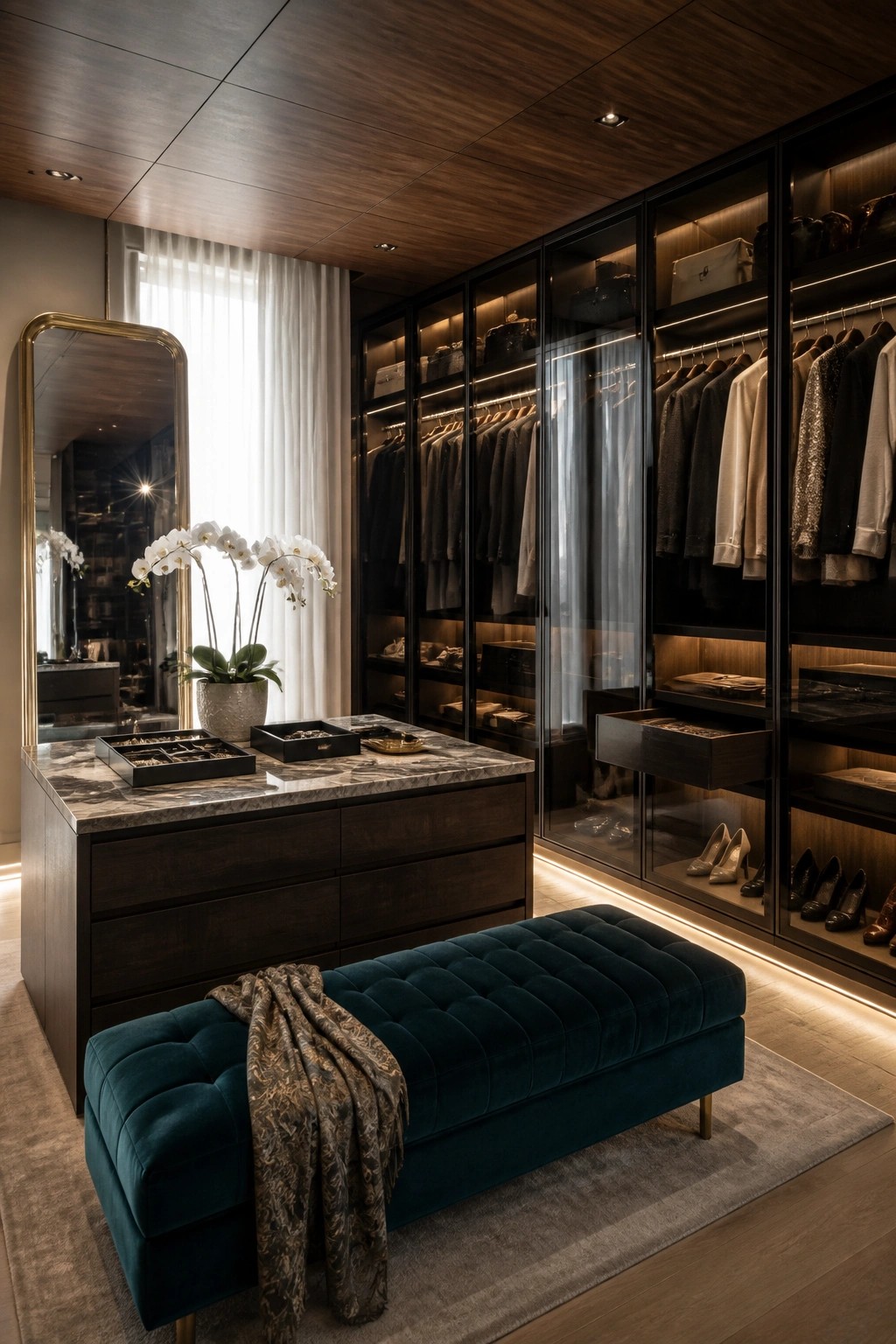 A spacious walk-in closet with dark wood cabinetry, a marble island with jewelry trays, a teal tufted bench, and a wood paneled ceiling with recessed lighting.