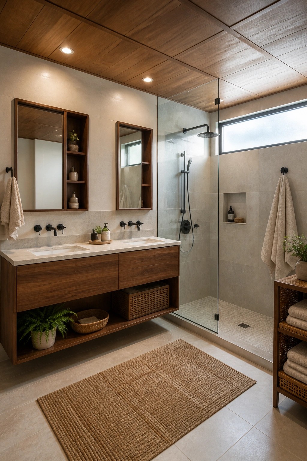 Modern bathroom with wooden double vanity, glass shower, woven rug, neutral tones.