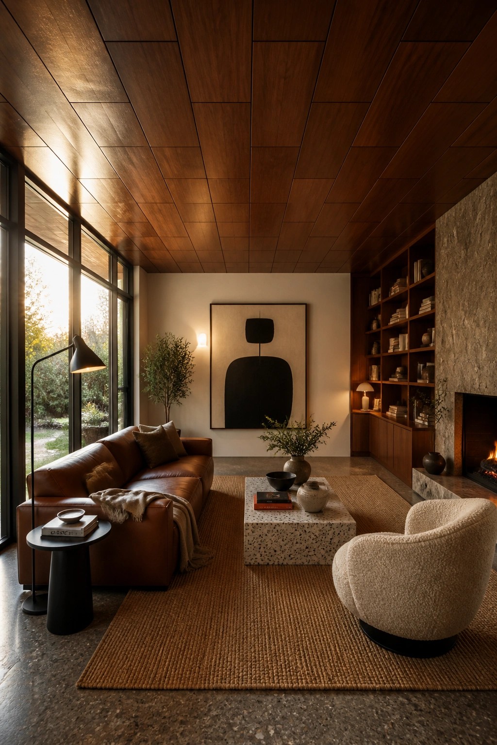 A living room with a dark wood grid ceiling, brown leather sofa, terrazzo coffee table, and stone fireplace.