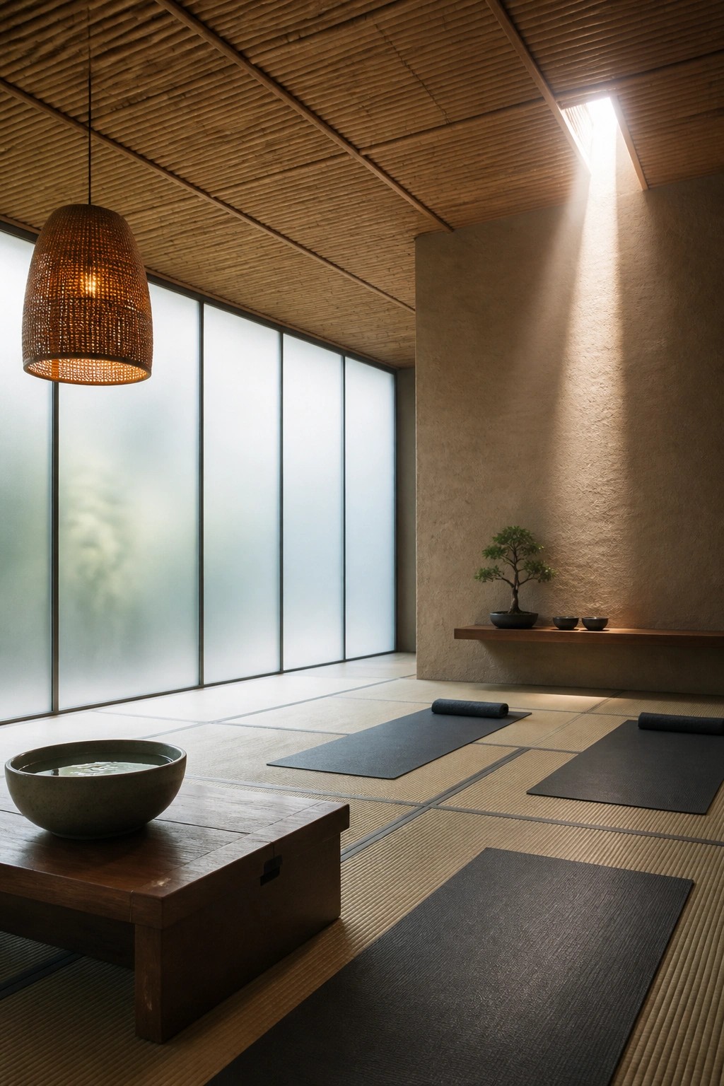 Interior room with tatami mat flooring, dark yoga mats, a low wooden table with a ceramic bowl, frosted windows, and a ceiling finished in horizontal wood slats with a woven pendant light.