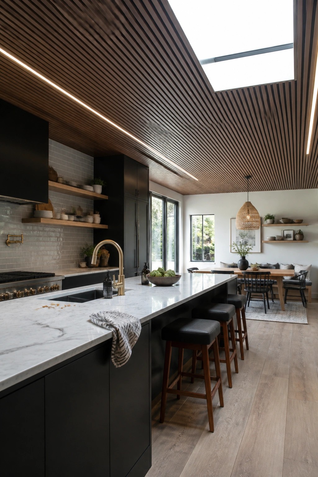 A modern kitchen with a white marble island, black cabinets, and a ceiling covered in horizontal dark wood slats with a large skylight above.