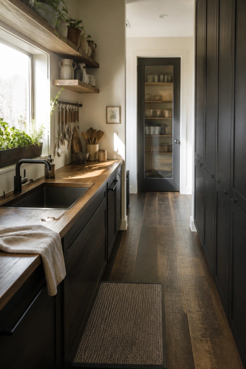 A narrow kitchen featuring dark engineered wood flooring, black cabinets, a wooden countertop with a black sink, and open wooden shelves along the wall.