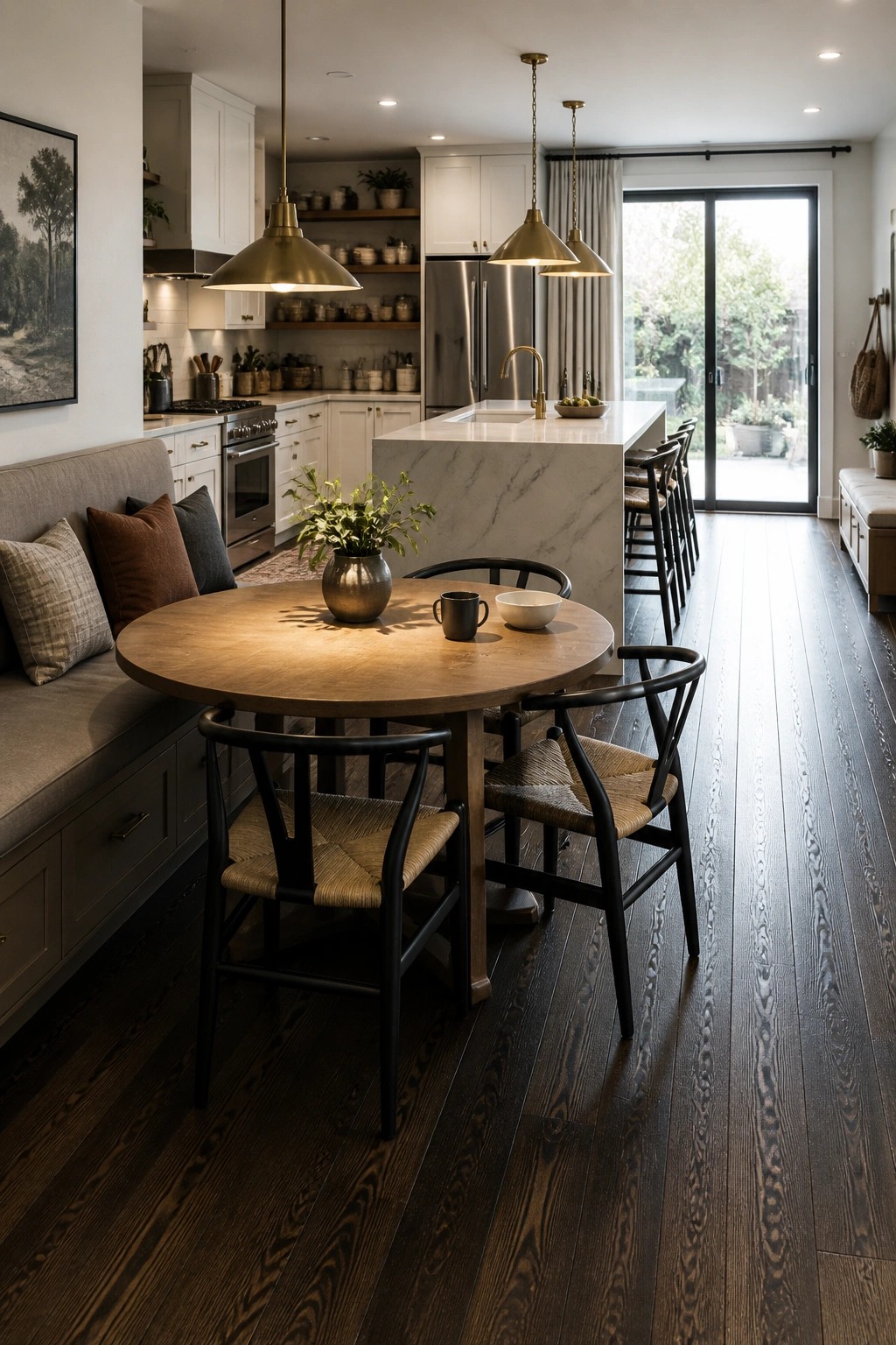 A kitchen and dining area with dark wood flooring, a round wooden table surrounded by black chairs, a marble island, and white cabinetry.