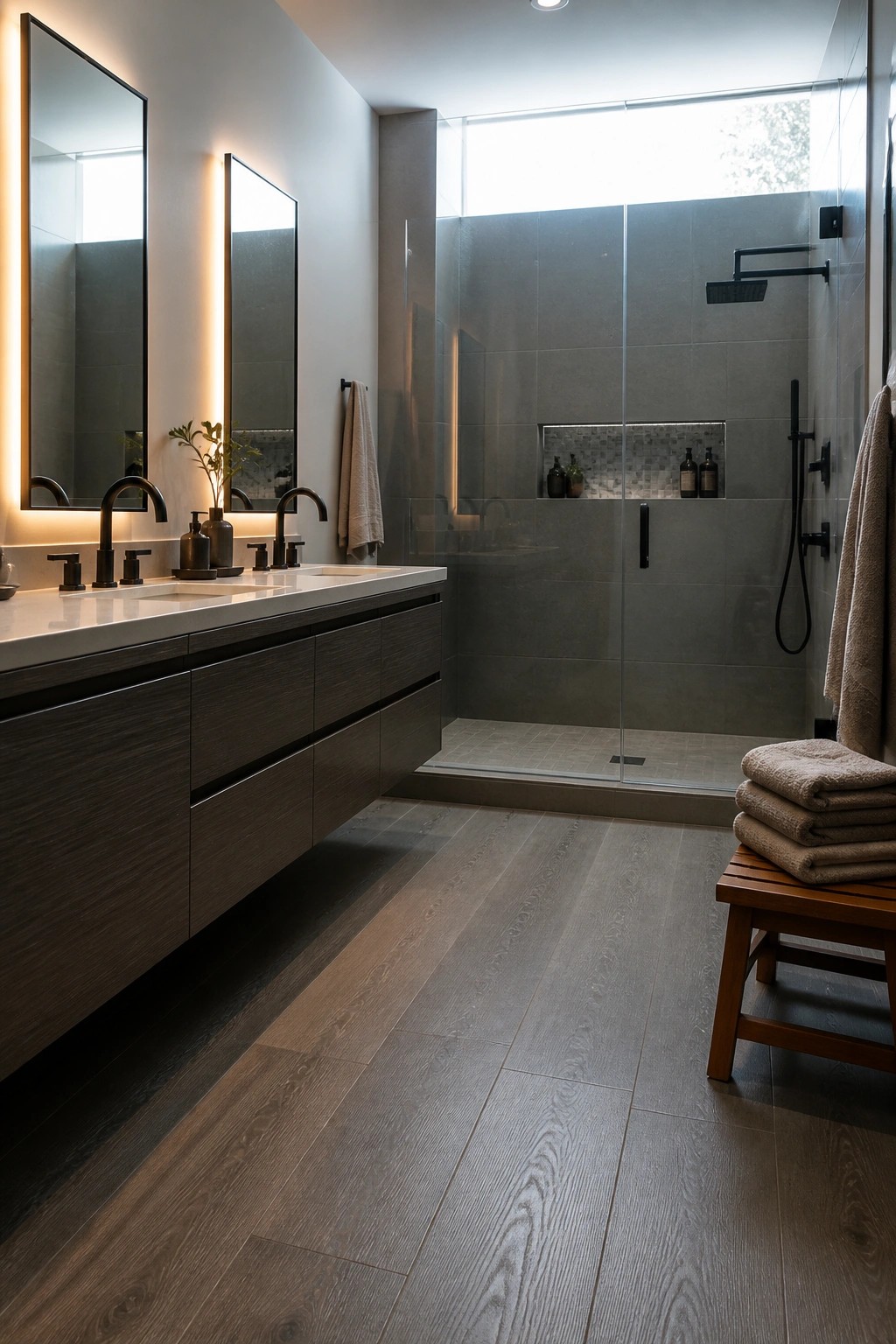 A modern bathroom featuring gray engineered wood flooring extending to a glass-enclosed shower with gray wall tiles and a dark wood vanity.