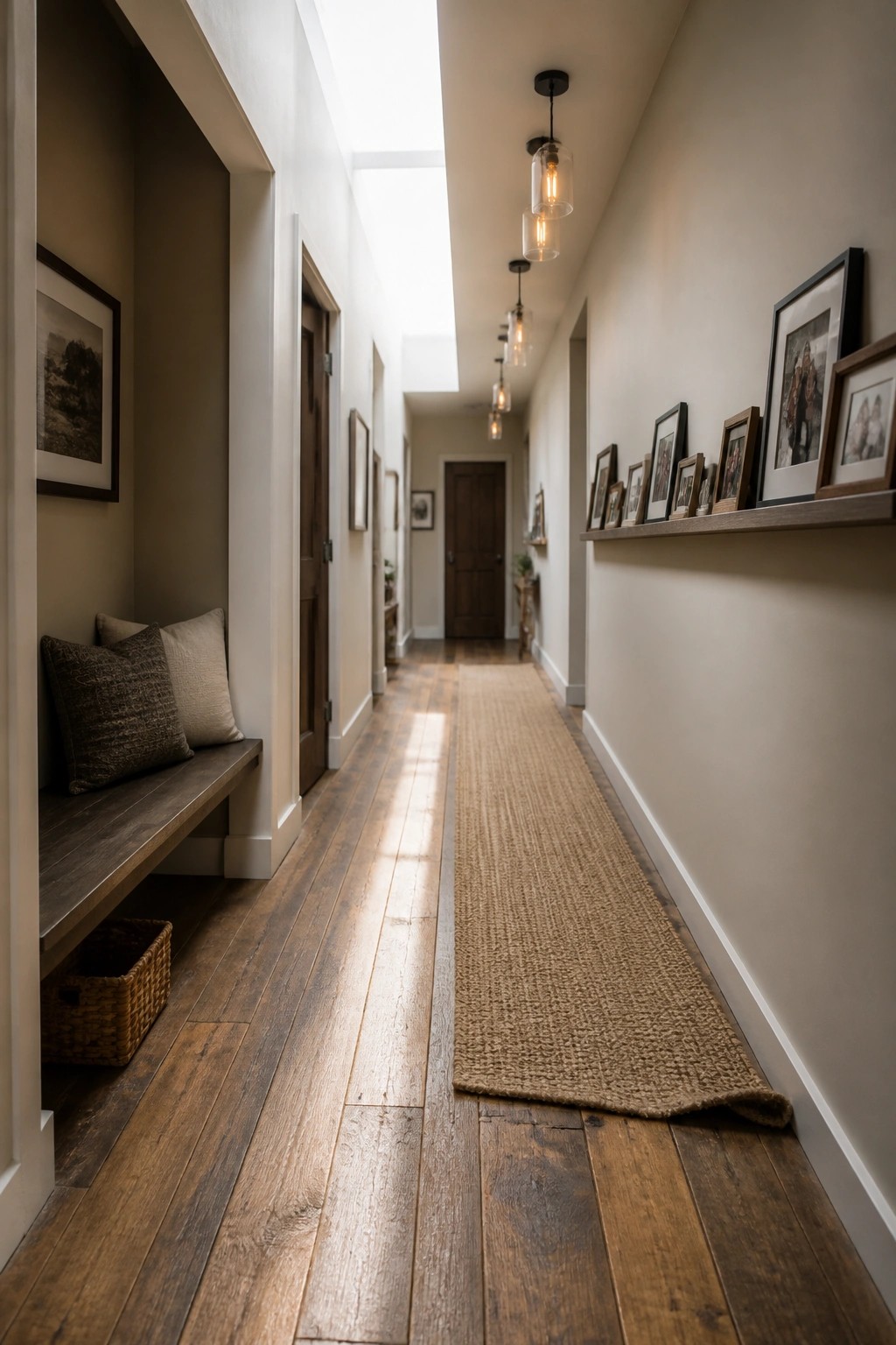 A long narrow interior hallway with dark engineered wood flooring, a beige woven runner rug along the center, framed pictures on a shelf to the right, and a wooden bench with pillows on the left under a skylight.