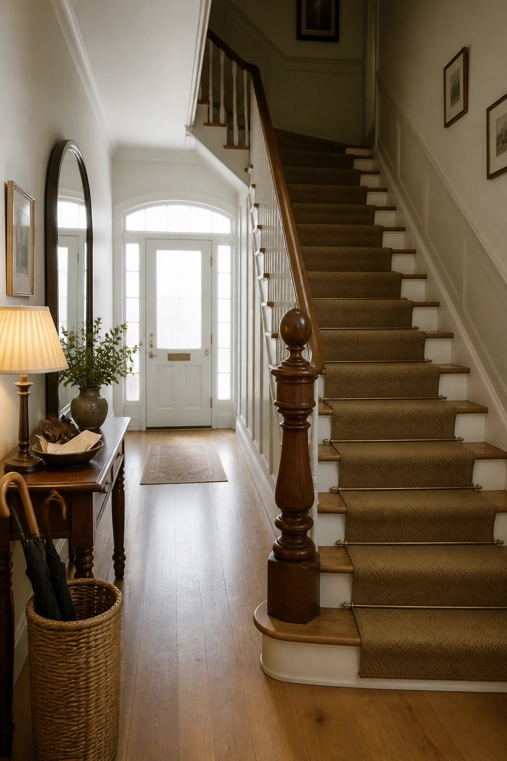 Elegant foyer with carpeted wooden staircase, console table, mirror, and white door.