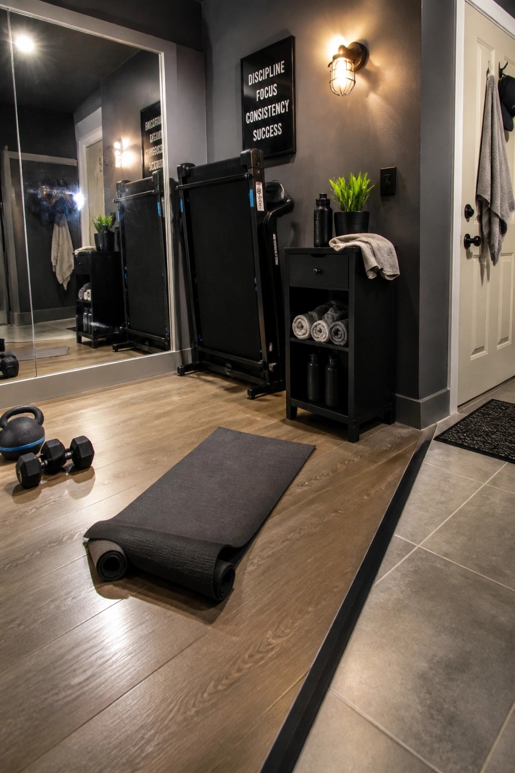 A home gym with light wood flooring, a rolled yoga mat, dumbbells, a kettlebell, a treadmill, and black storage furniture against dark walls.