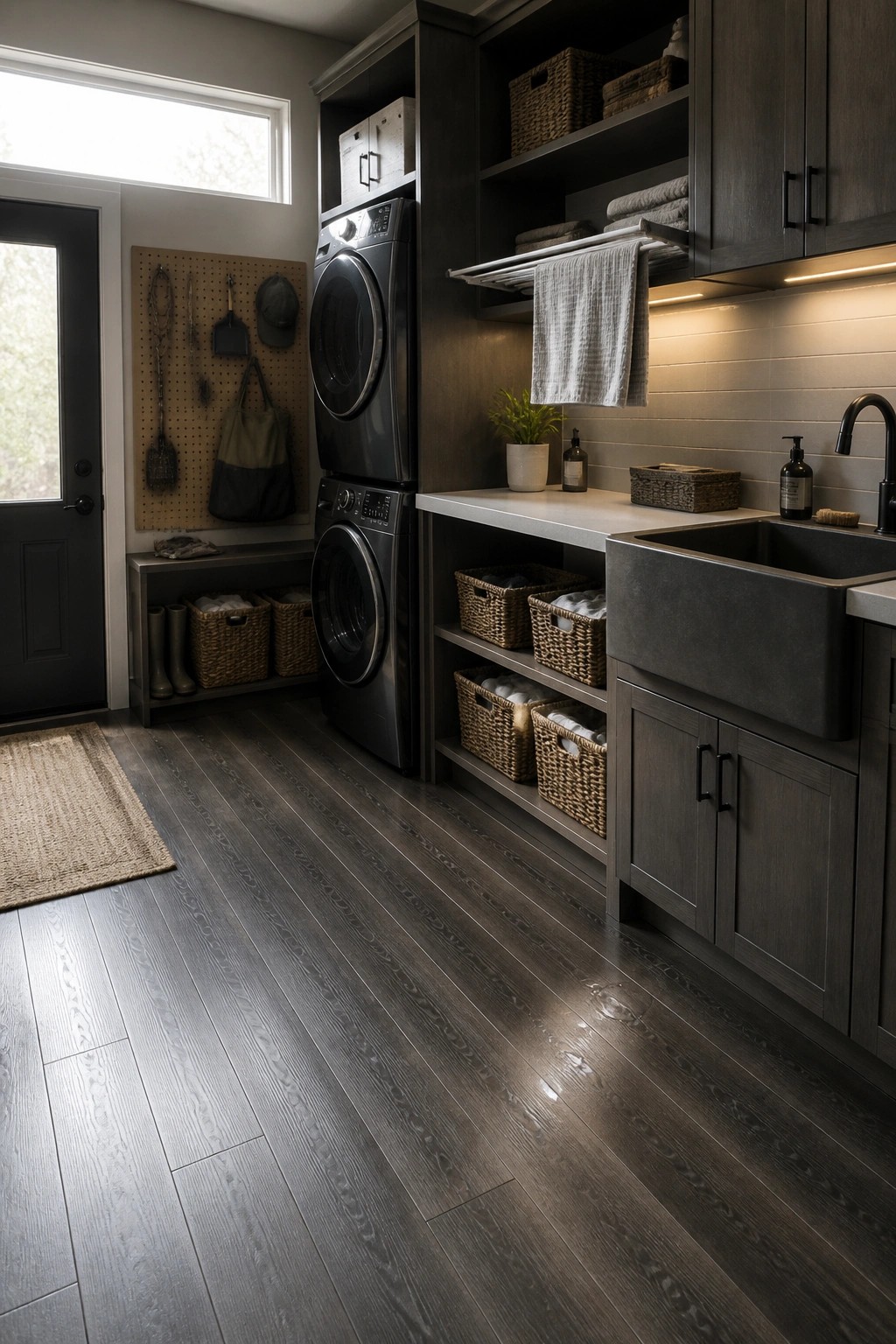 A laundry room with dark engineered wood flooring, stacked washer and dryer, open shelving with baskets, and a utility sink.