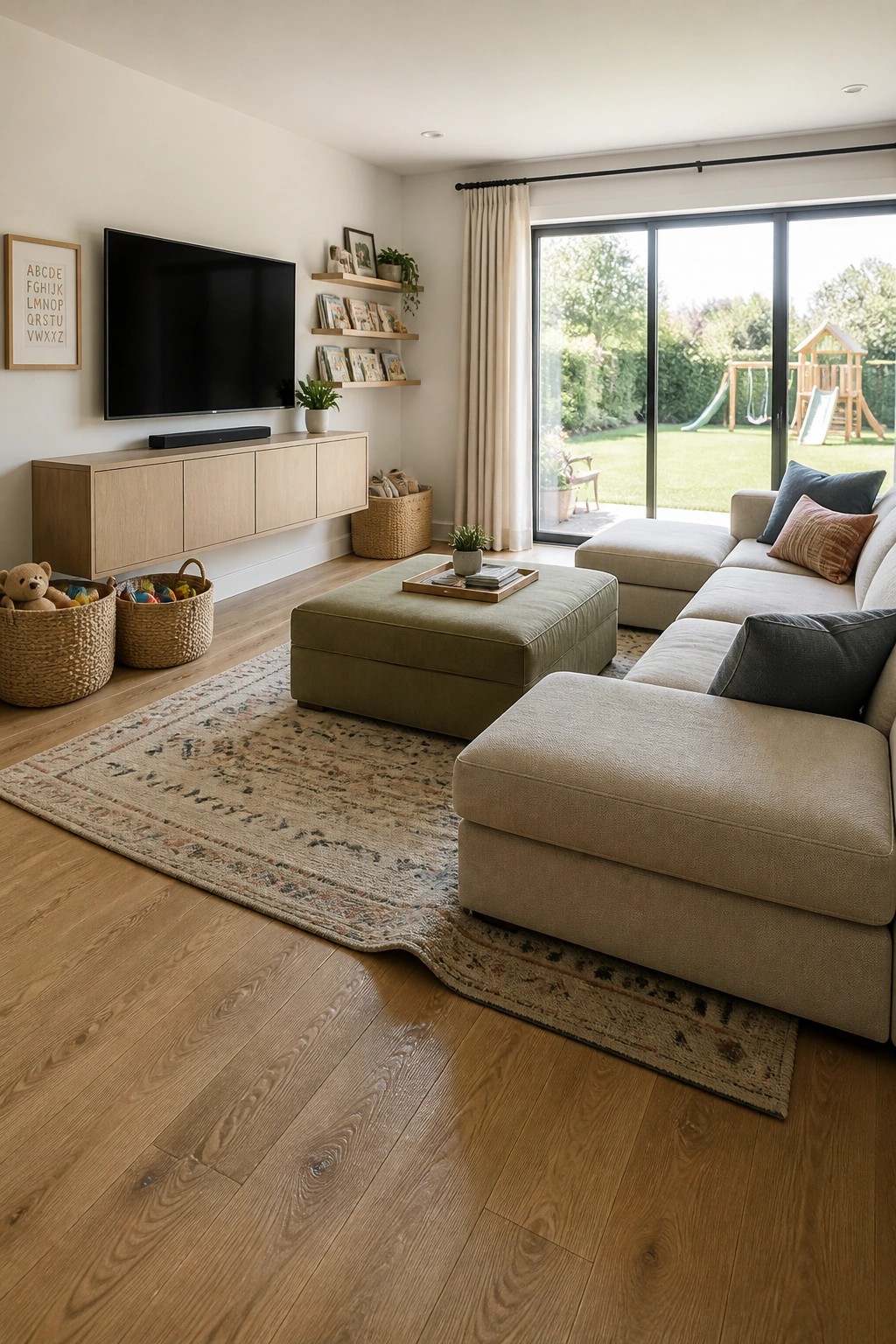 A living room with light wood flooring, a large area rug, beige sectional sofa, green ottoman, wall-mounted TV, and woven baskets holding toys.