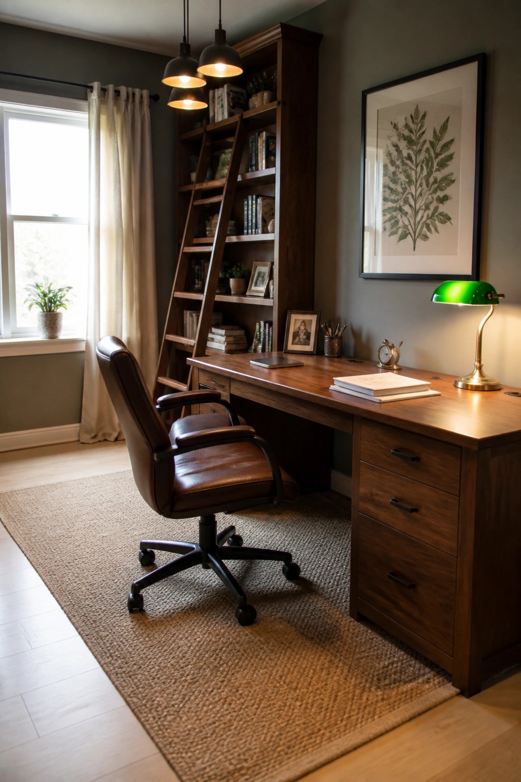 A home office featuring light engineered wood flooring, a large jute rug under a wooden desk and brown leather office chair, with built-in bookshelves and a window on the left.