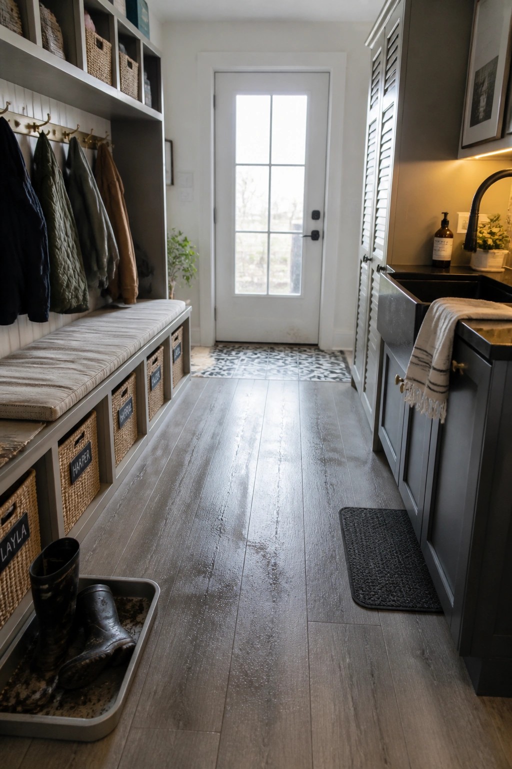 A narrow mudroom interior with gray engineered wood flooring, built-in bench seating, coat hooks, storage baskets, and a white door at the far end.