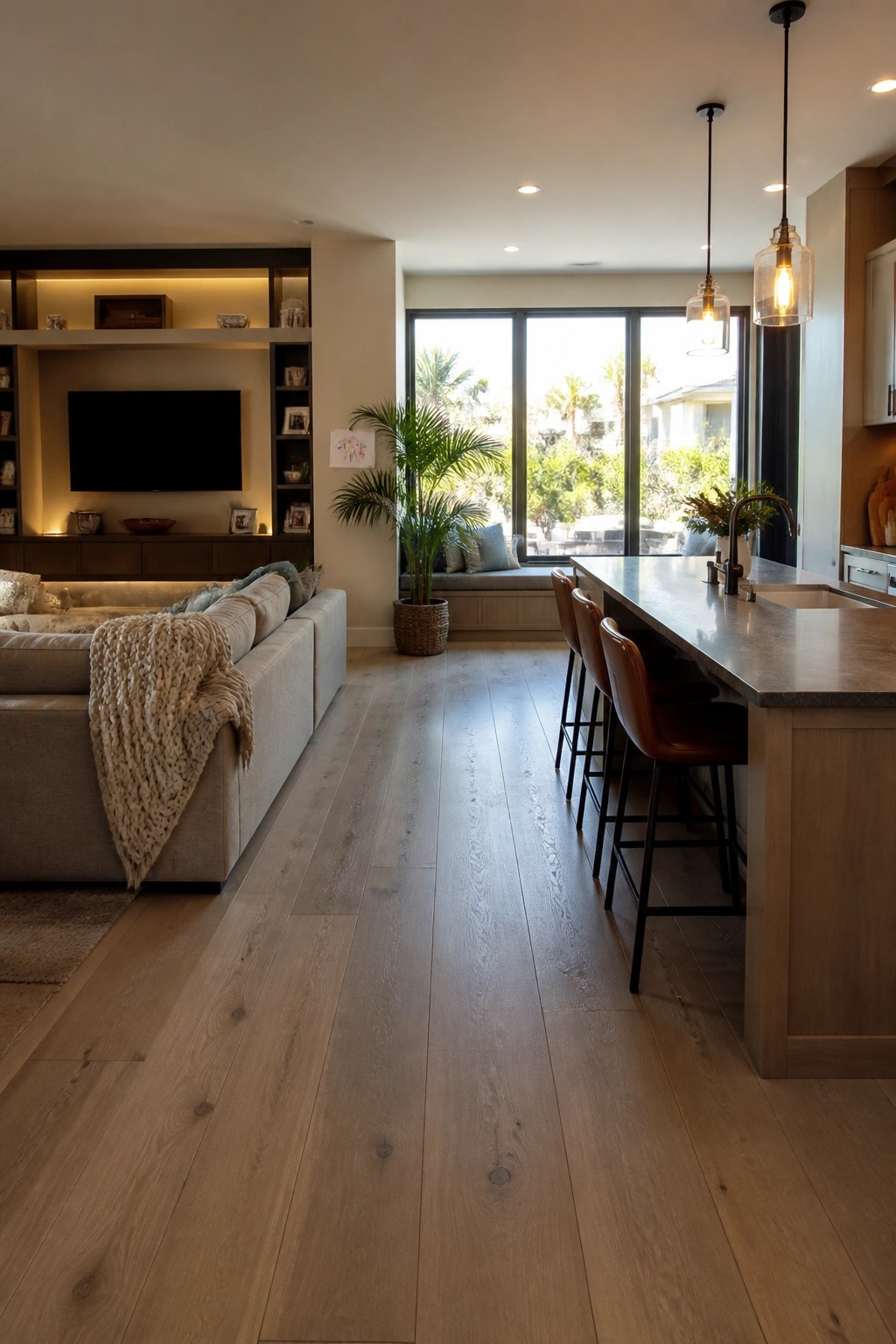 A modern open living room and kitchen with light wood flooring running throughout, a gray sectional sofa on the left, and a kitchen island with brown leather bar stools on the right.
