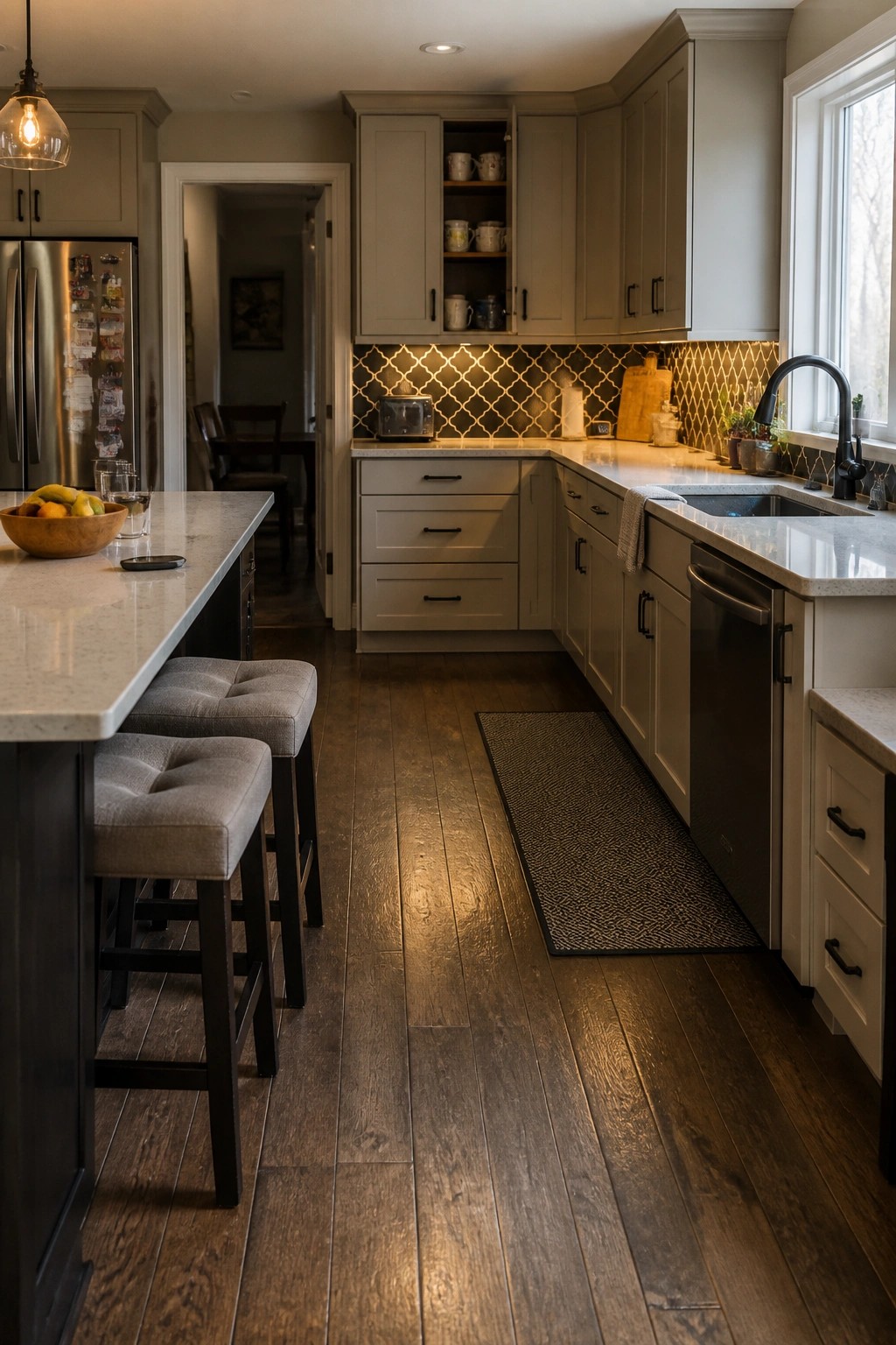 A modern kitchen with dark engineered wood flooring, a marble-topped island with two upholstered stools, light gray cabinets, and a patterned tile backsplash.