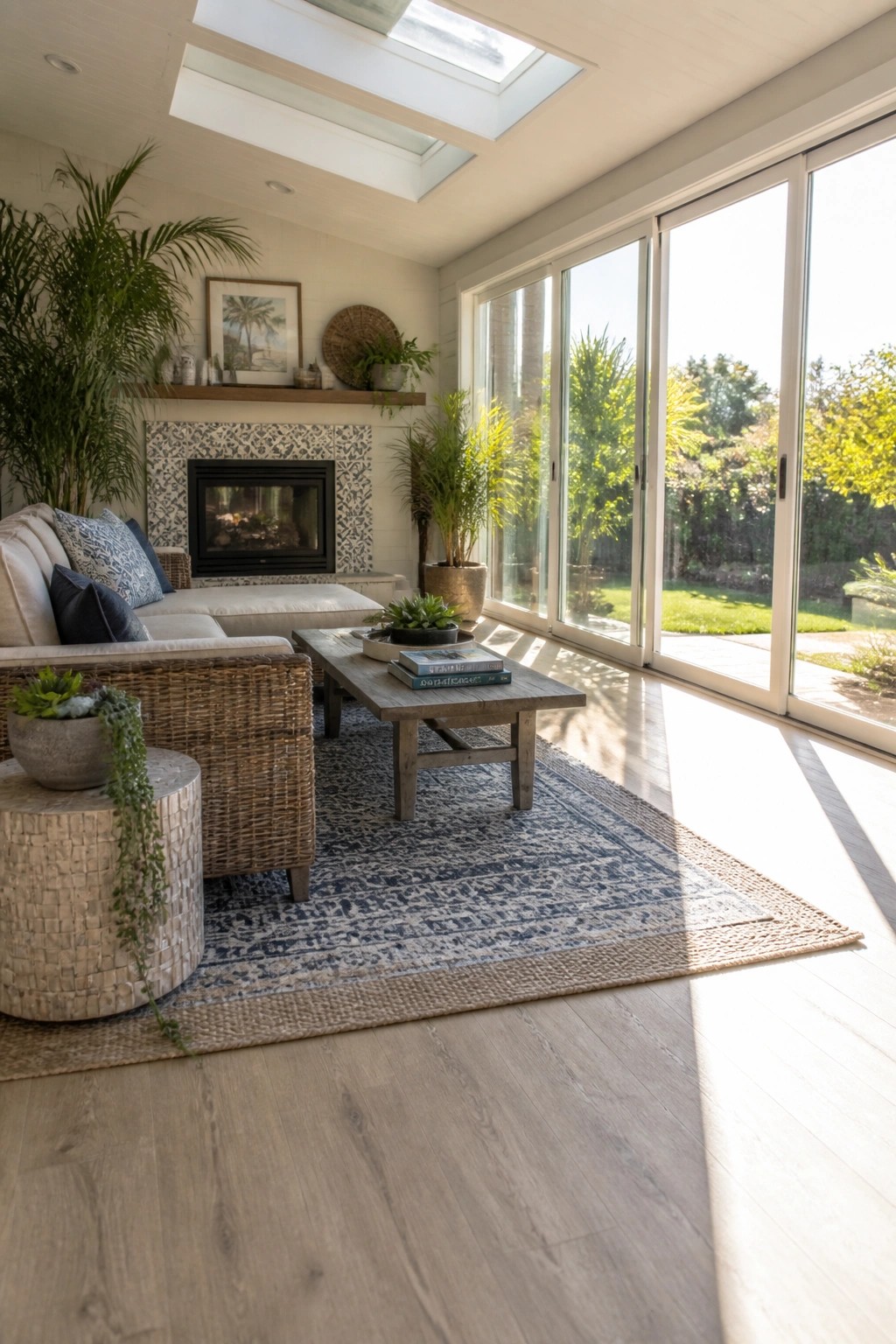 A bright living room featuring light wood flooring, a large patterned rug, a fireplace, wicker seating, and sliding glass doors leading to a garden.