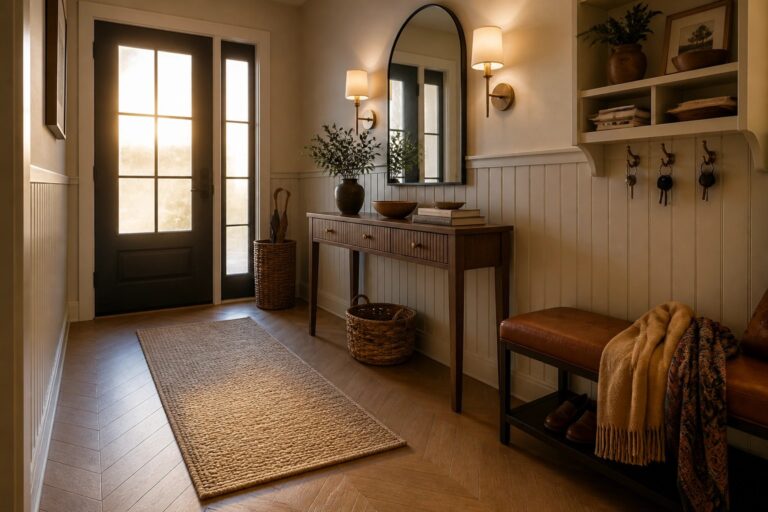 22 Sophisticated Engineered Wood Flooring Ideas for High Traffic Areas A home entryway with herringbone engineered wood flooring, a long woven runner, a wooden console table, an arched mirror, and a leather bench along the wall.