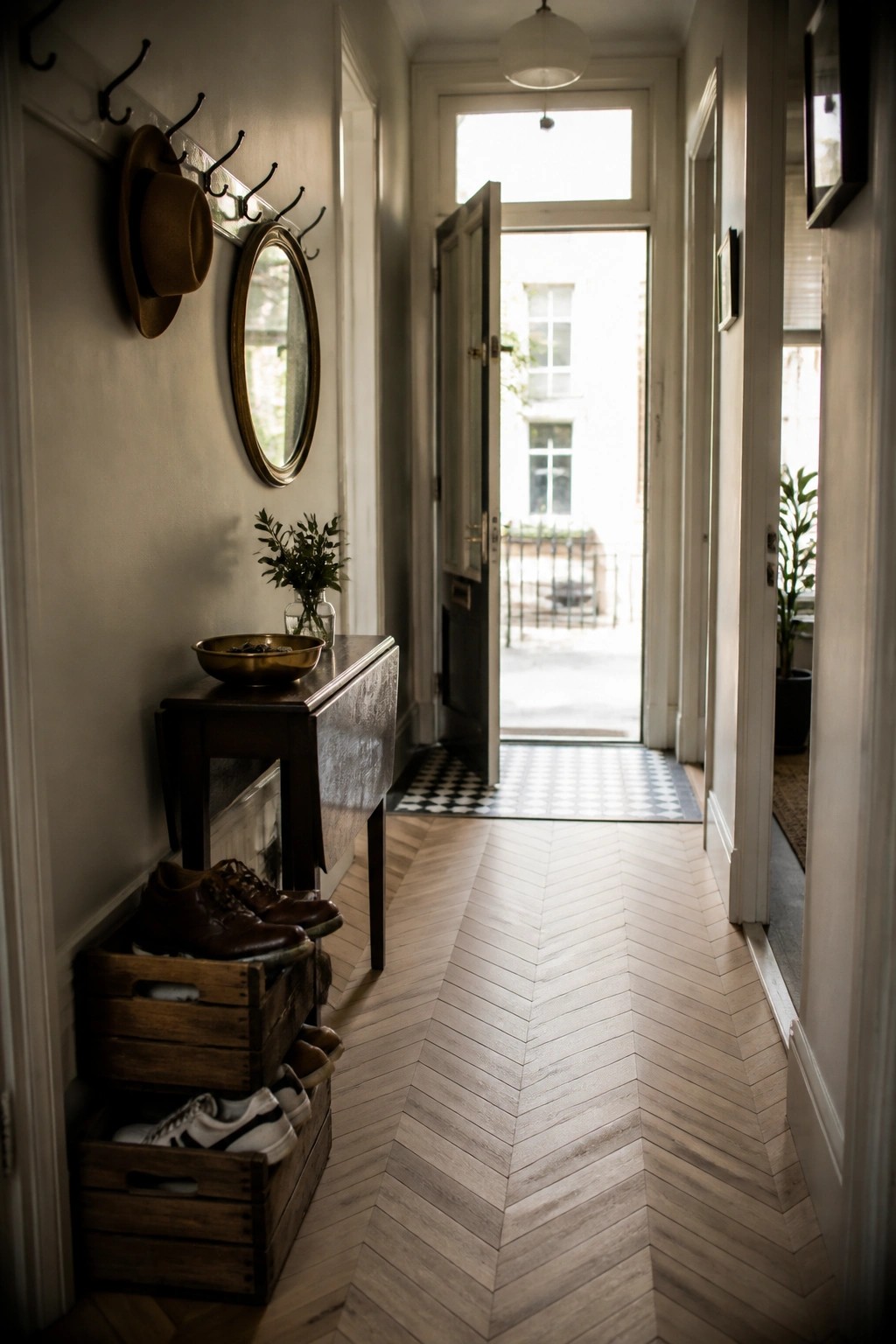 A light wood herringbone floor runs down a narrow hallway toward an open front door, with wooden crates holding shoes along the left wall.