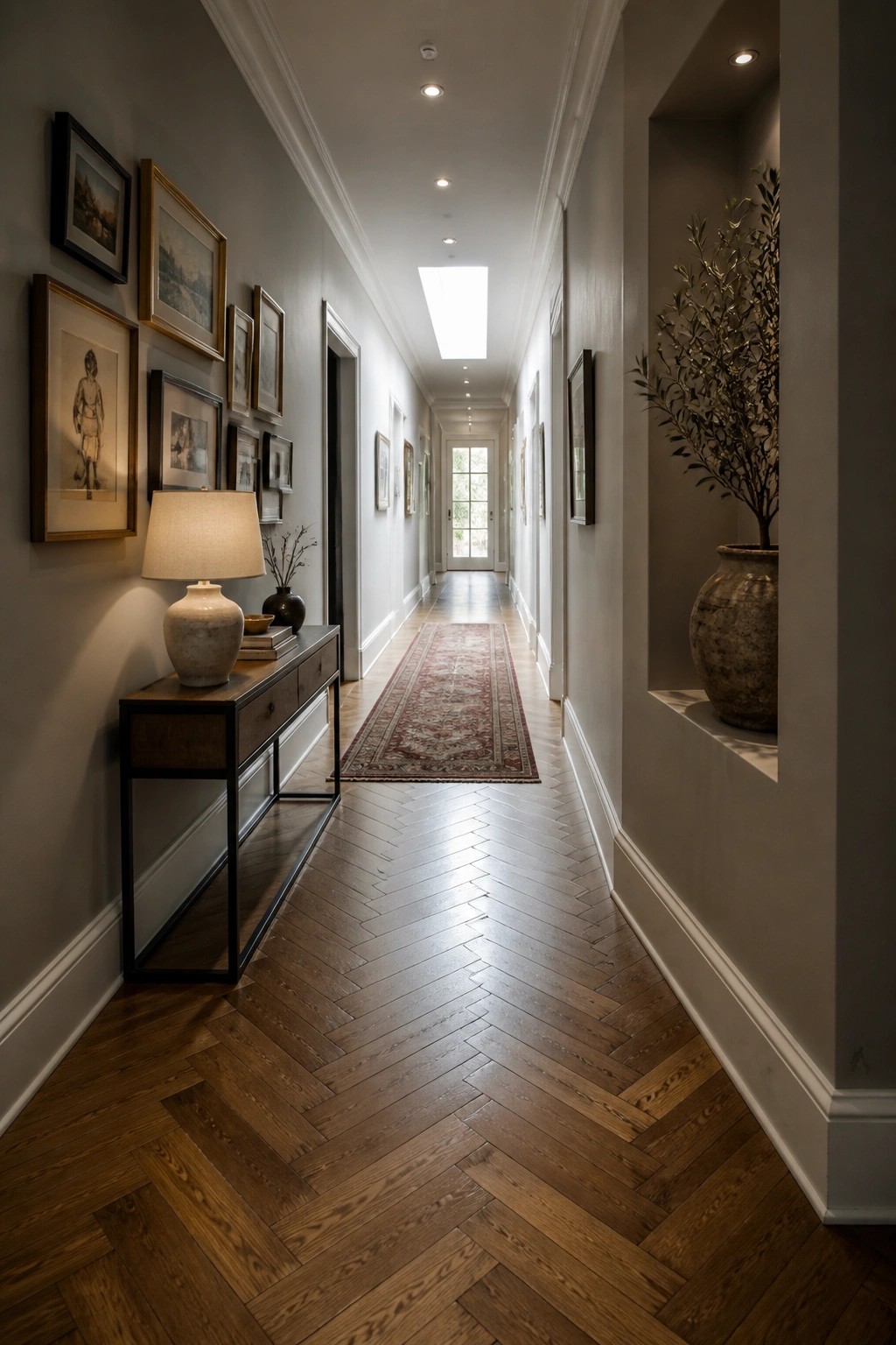 A long interior hallway with dark herringbone engineered wood flooring, white walls lined with framed art, a wooden console table on the left, and a red patterned runner extending toward a door at the far end.