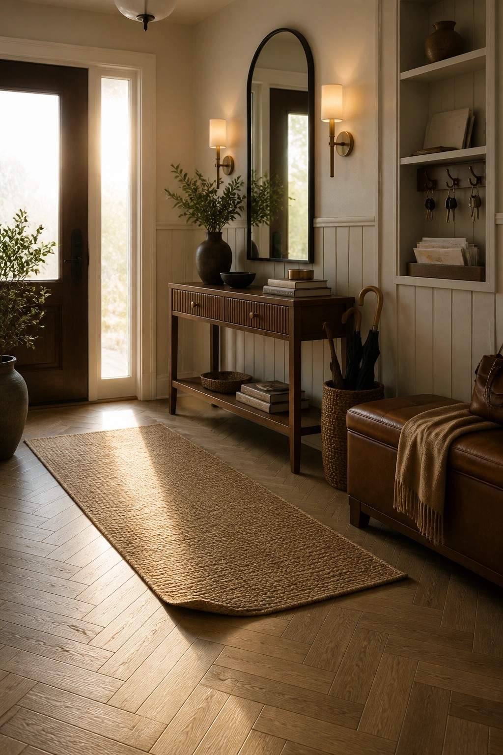 A home entryway with herringbone engineered wood flooring, a long woven runner, a wooden console table, an arched mirror, and a leather bench along the wall.