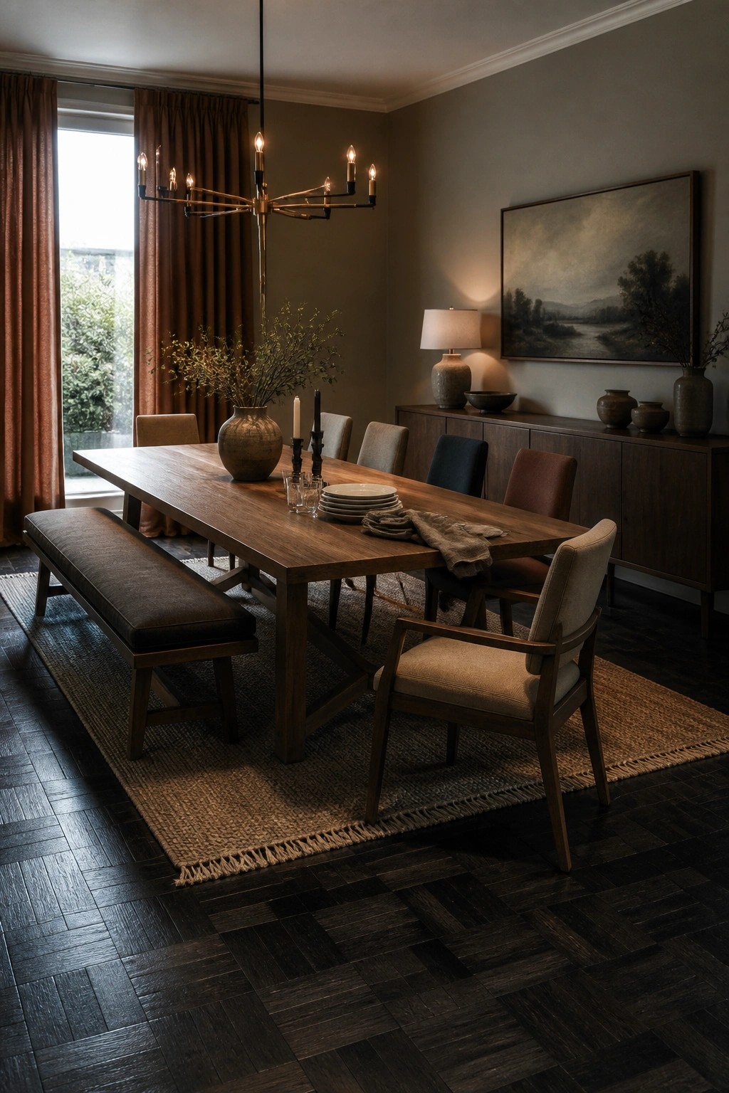 A dining room featuring dark herringbone engineered wood flooring under a long wooden table with a bench and upholstered chairs on a woven rug.