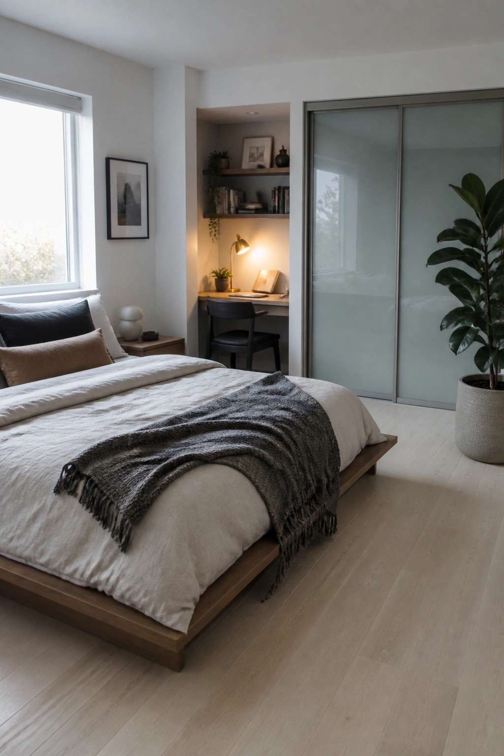 A bedroom with light engineered wood flooring, a low platform bed with neutral linens, a built-in desk nook, and a large potted plant beside frosted glass doors.