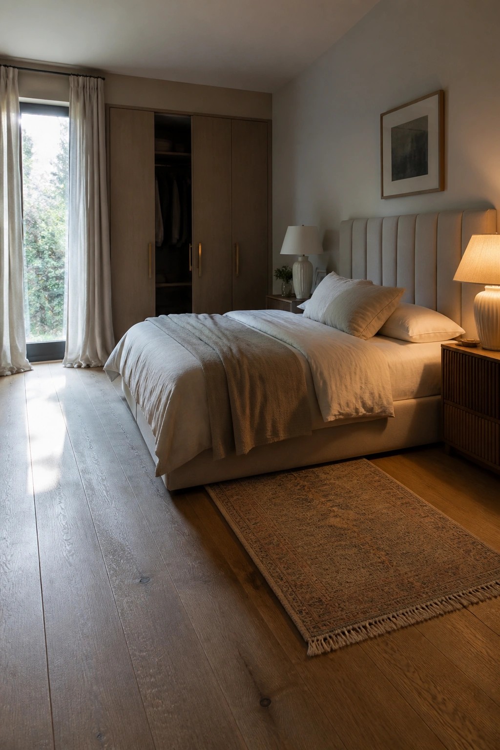 A bedroom interior with light wood flooring, a bed with neutral linens, a wooden wardrobe, and a patterned rug partially covering the floor near the bed.