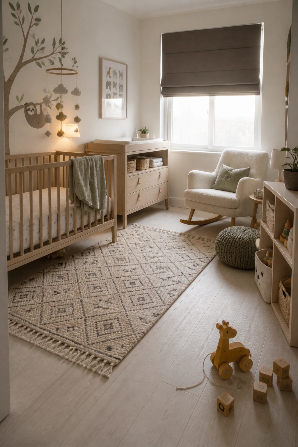 A bright nursery with light wood flooring, a wooden crib, a large patterned rug, a rocking chair, and wooden toys scattered on the floor.