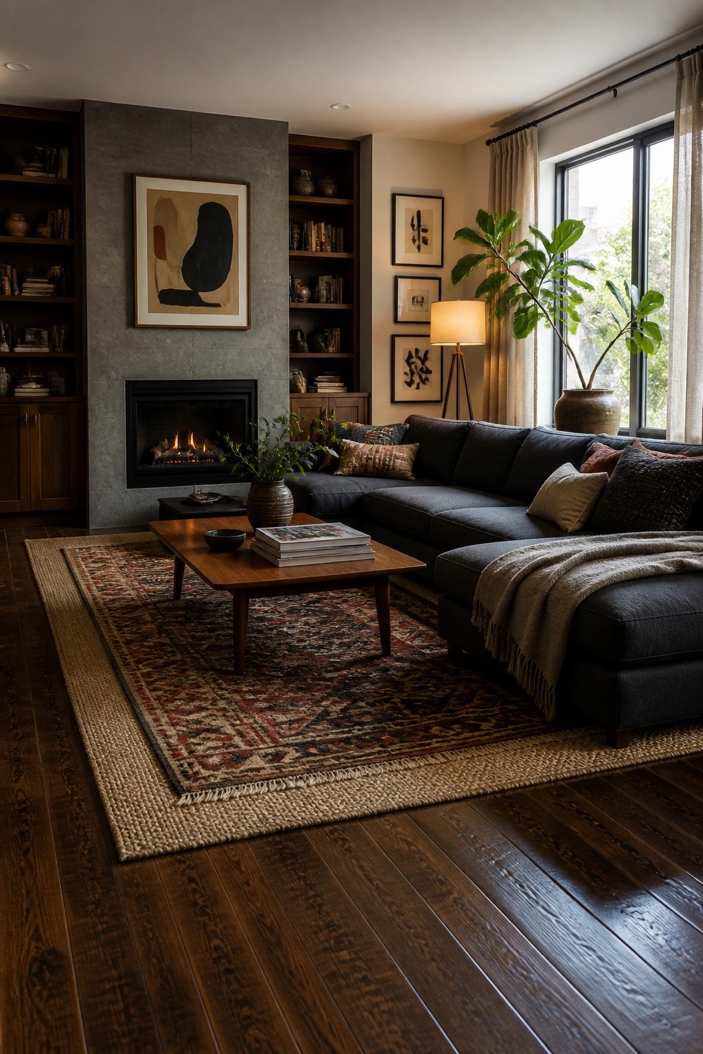 A living room featuring dark engineered wood flooring partially covered by a large patterned area rug, with a dark sectional sofa and wooden coffee table on top.