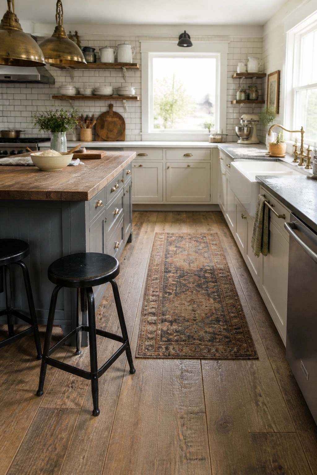 A kitchen with wide plank wood flooring, a dark island with black stools, white cabinets, and a long patterned runner rug along the center aisle.