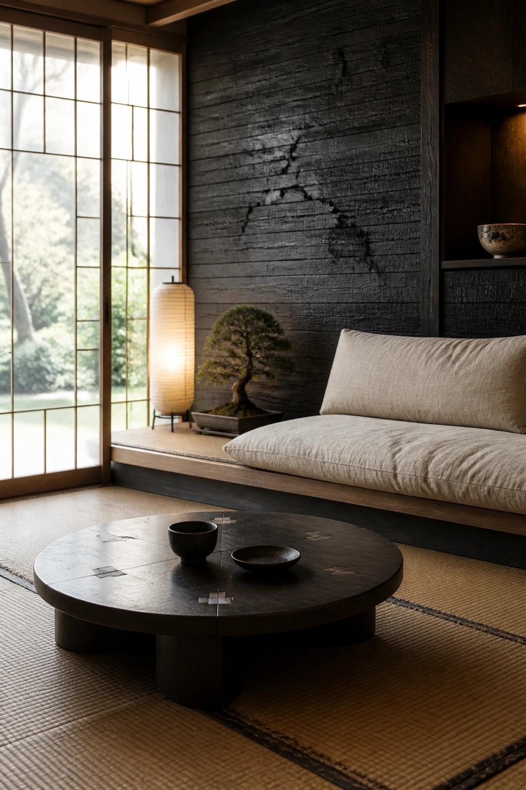 Interior view of a living room featuring a dark charred wood accent wall, light fabric sofa on a raised wooden platform, round dark wood coffee table on tatami flooring, and shoji screen doors on the left.