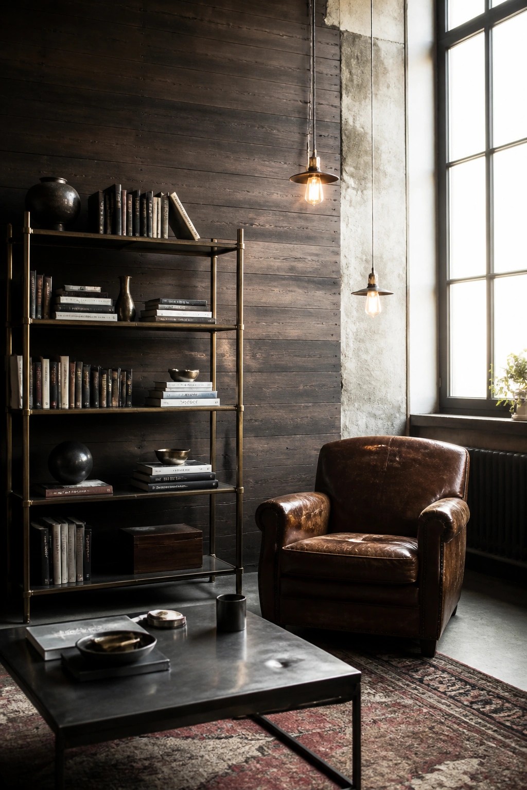 A modern living room with a dark vertical wood plank wall, metal bookshelf, brown leather armchair, and large window.