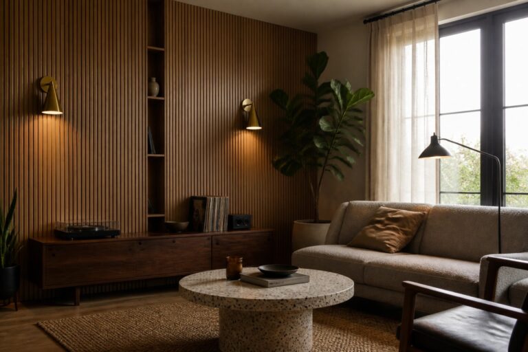 21 Stunning Wood Wall Design Ideas for Modern Living Rooms A modern living room featuring a vertical wood slat accent wall with a mounted television and wooden media console below it.