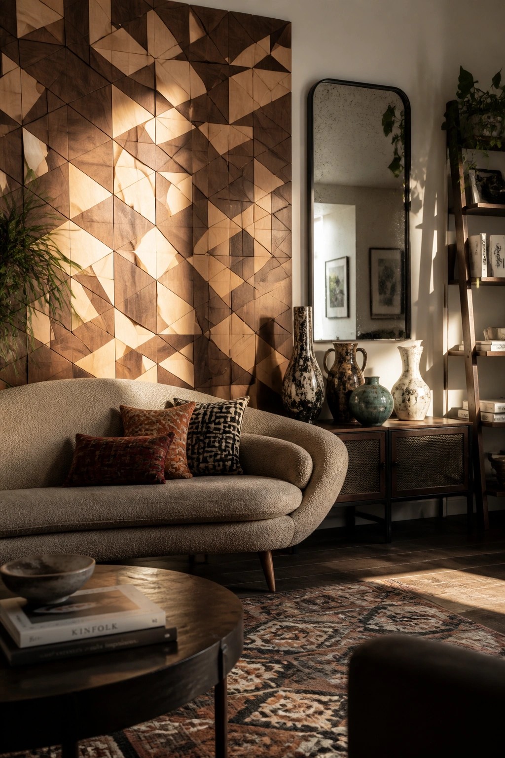 A modern living room features a large geometric wood accent wall behind a curved beige sofa with patterned pillows, a round coffee table, and a patterned rug, with a tall mirror and vases to the right.