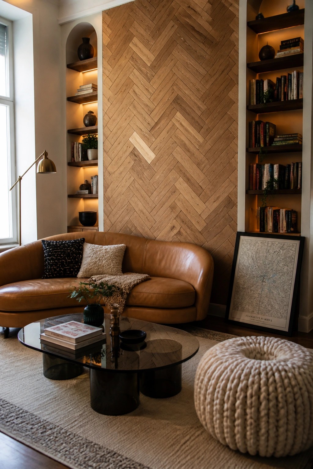 A modern living room with a large herringbone wood accent wall behind a curved brown leather sofa, flanked by built-in illuminated bookshelves.