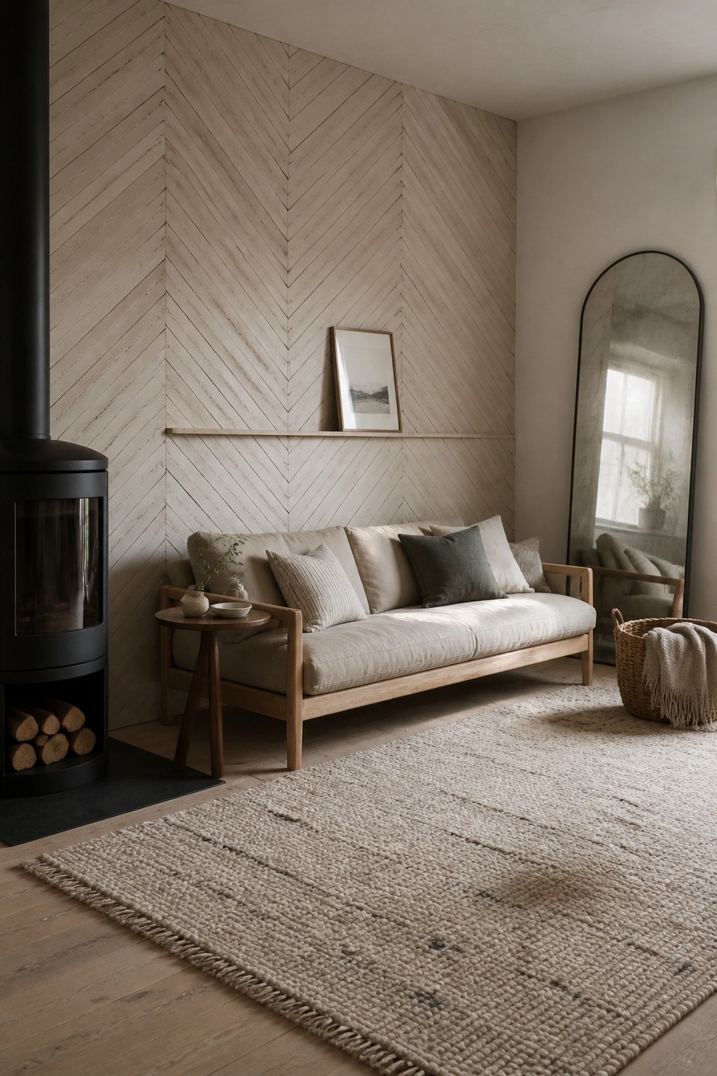 A living room with a herringbone wood accent wall behind a light sofa, a black wood stove on the left, and a large woven rug on the floor.
