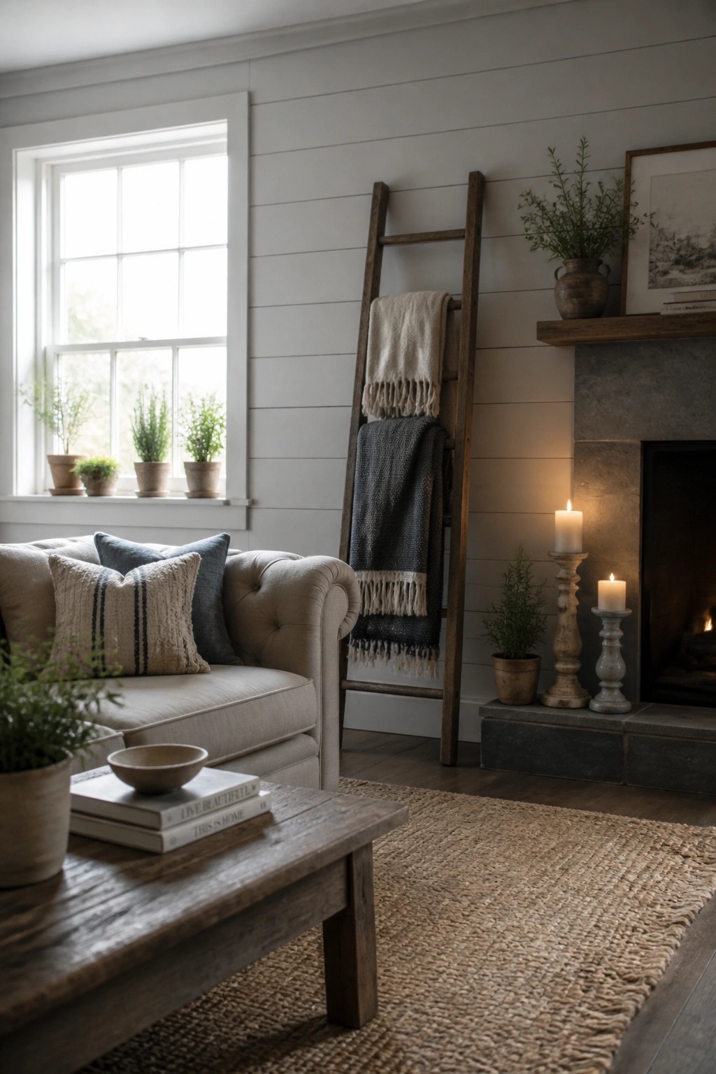 A living room with white horizontal shiplap walls, a beige sofa with pillows, a wooden ladder holding blankets, and a stone fireplace with lit candles.