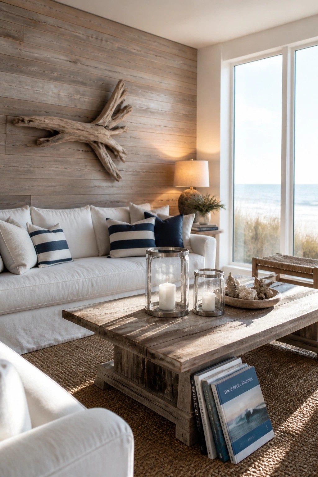 A living room featuring a white sofa against a light horizontal wood plank accent wall with a rustic wooden coffee table and large windows showing the ocean.