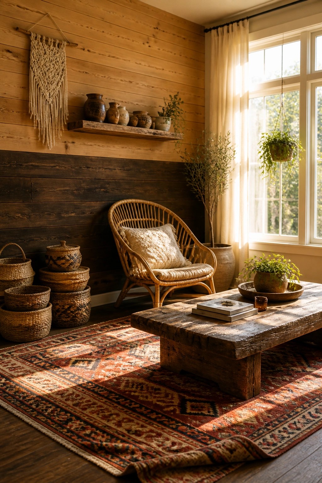 A living room with a two-tone horizontal wood wall, rattan chair, rustic coffee table on a patterned rug, and a large window with hanging plants.