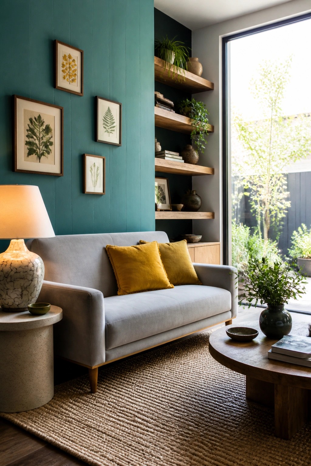 Gray sofa with yellow pillows in teal room with wooden shelves and plants