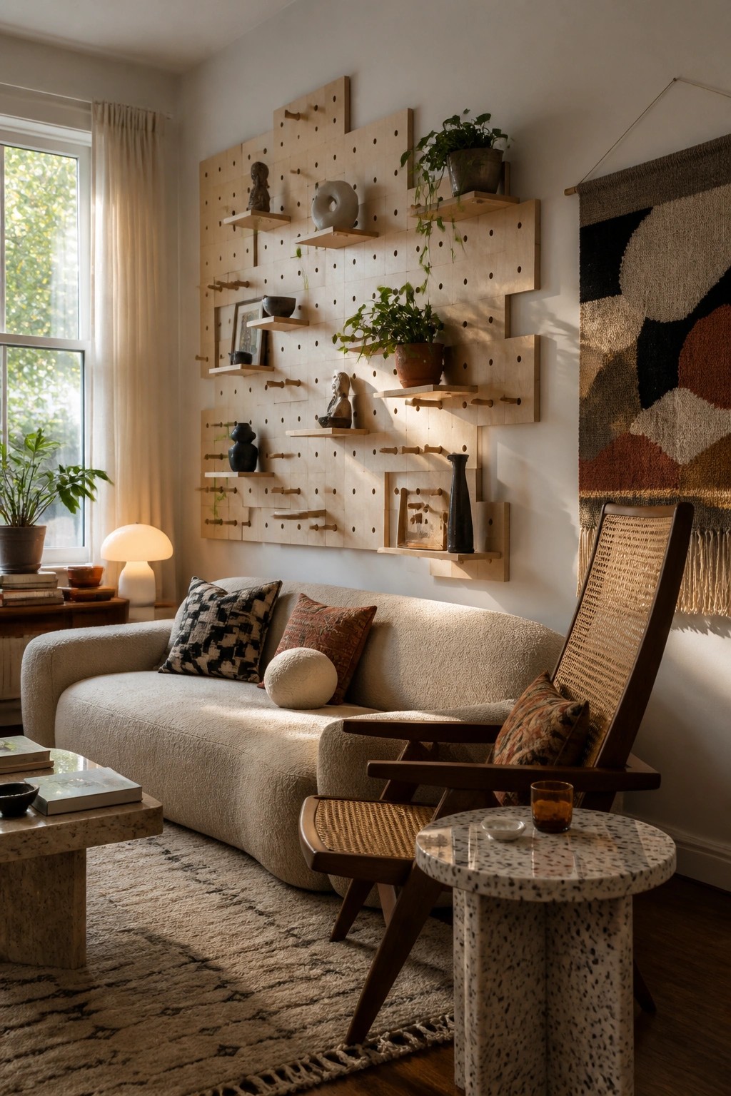 A living room with a large wooden pegboard wall holding small shelves, plants, and decorative objects above a curved sofa.