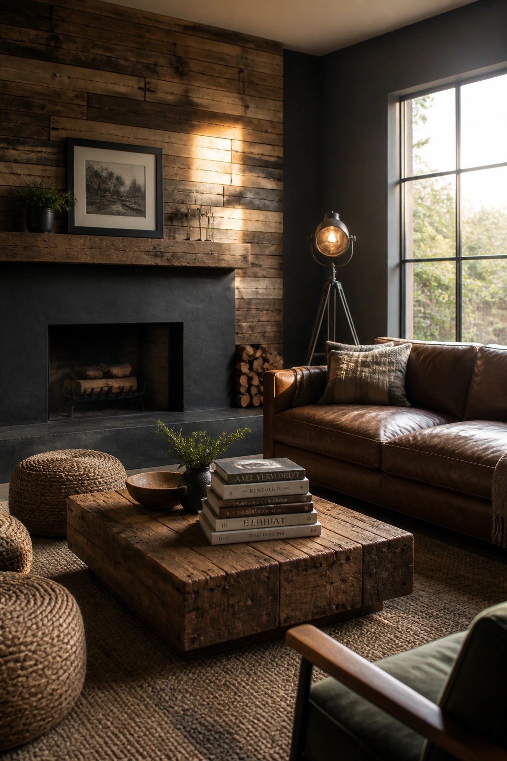 A living room featuring a reclaimed wood plank wall above a dark fireplace, with a brown leather sofa, wooden coffee table, and woven rug.