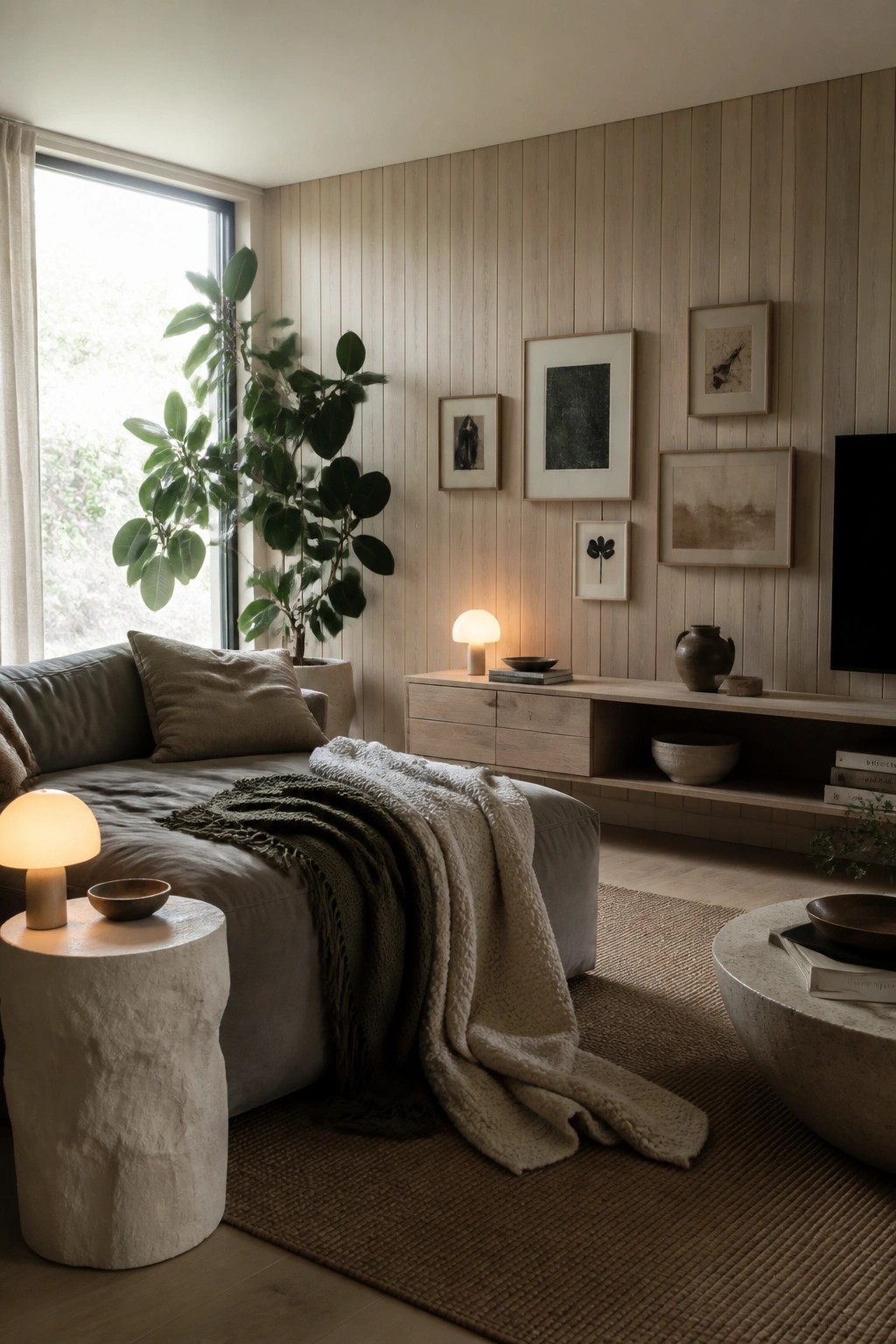 A living room with a vertical light wood paneled wall, a gray sofa in front, and a low wooden console with framed art arranged on the wall.