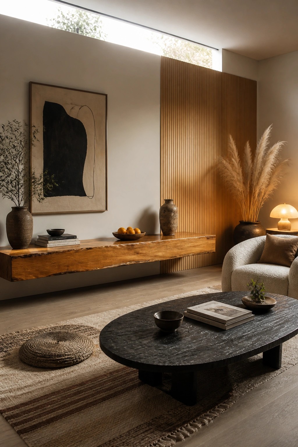 A modern living room with a vertical wood slat accent wall, floating wood console, abstract wall art, and dark oval coffee table on layered rugs.