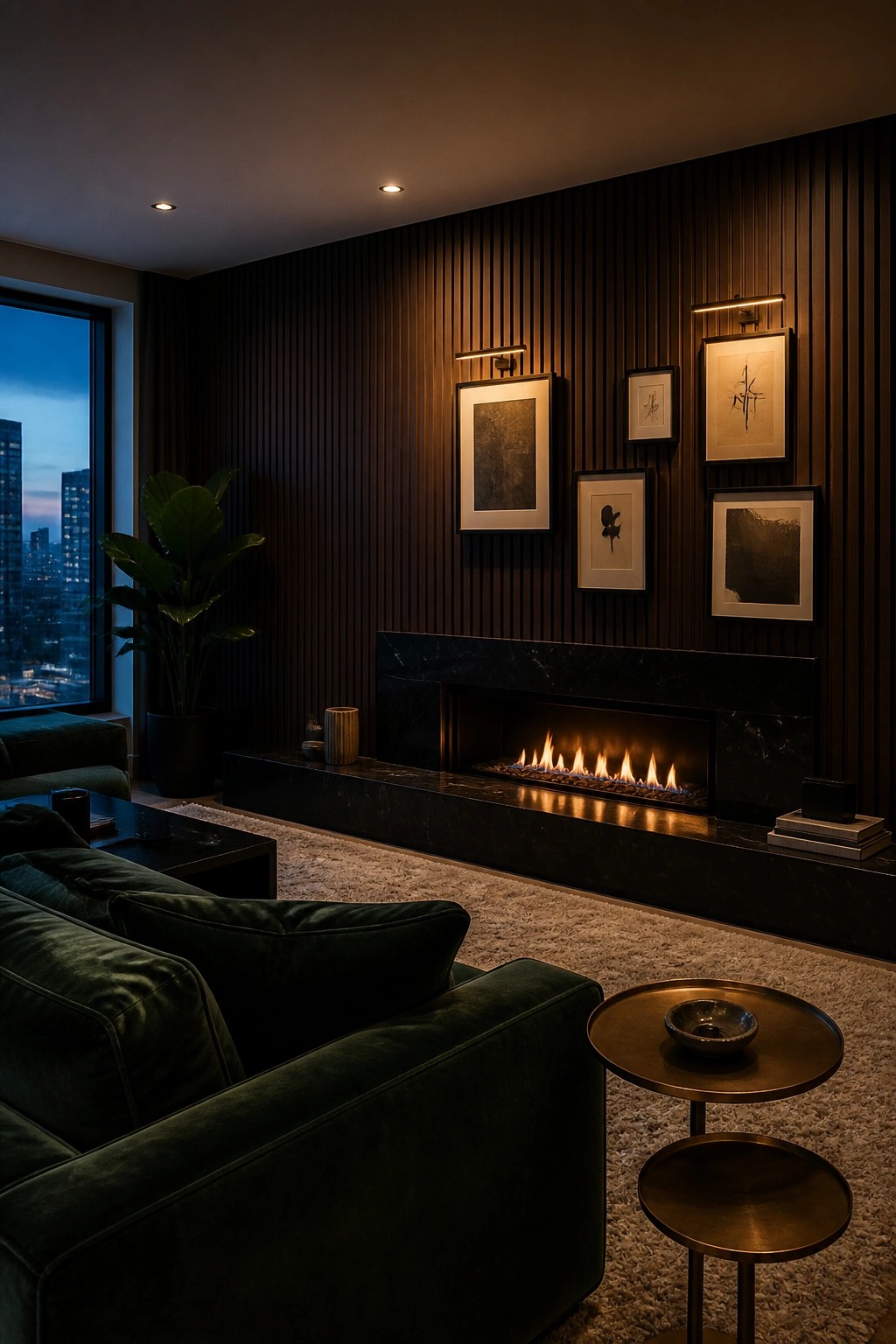 A living room with a dark vertical wood slat wall, linear fireplace, framed art, green velvet sofa, and brass side table on a light rug.