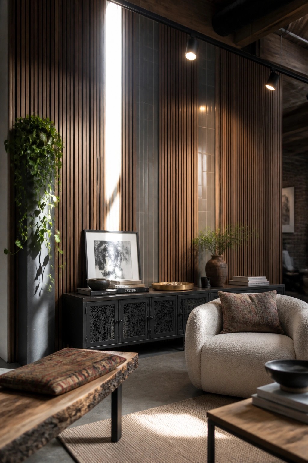 A modern living room with vertical wood slat walls, a black media console, a framed print, and a beige armchair on a woven rug.