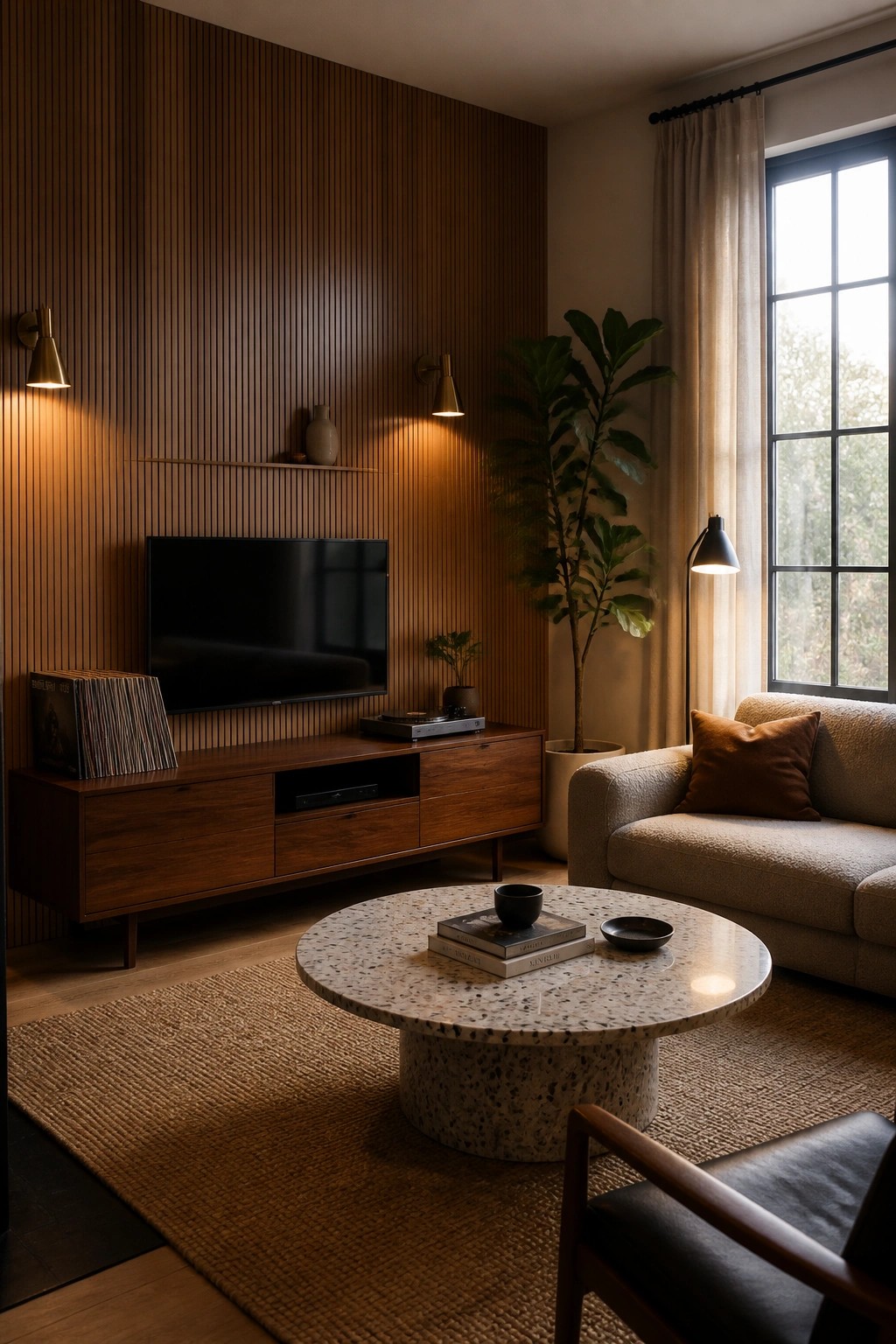 A modern living room featuring a vertical wood slat accent wall with a mounted television and wooden media console below it.