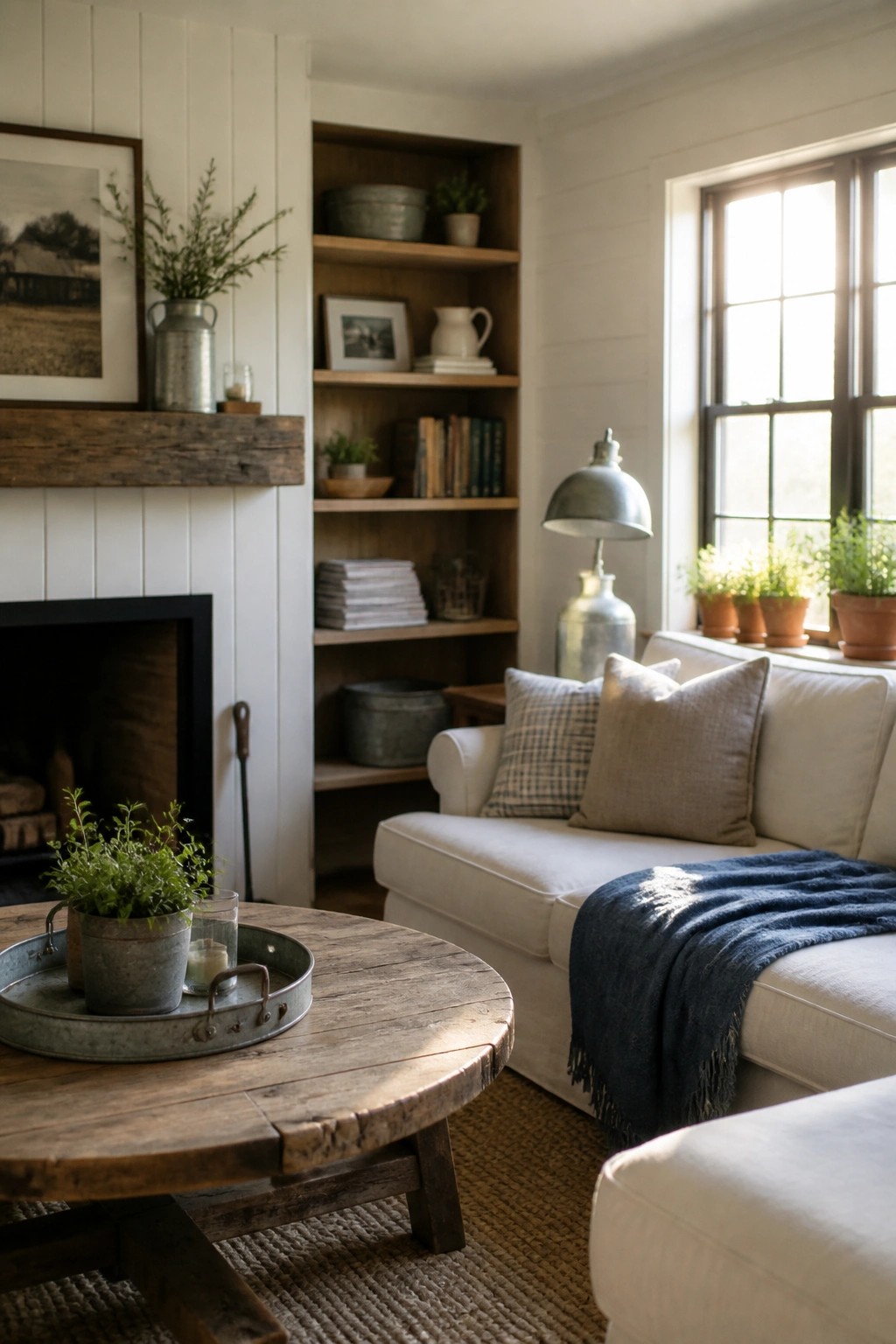 A living room with white vertical shiplap walls, a dark wooden fireplace mantel, built-in wooden shelves, a white sofa, and a round wooden coffee table.